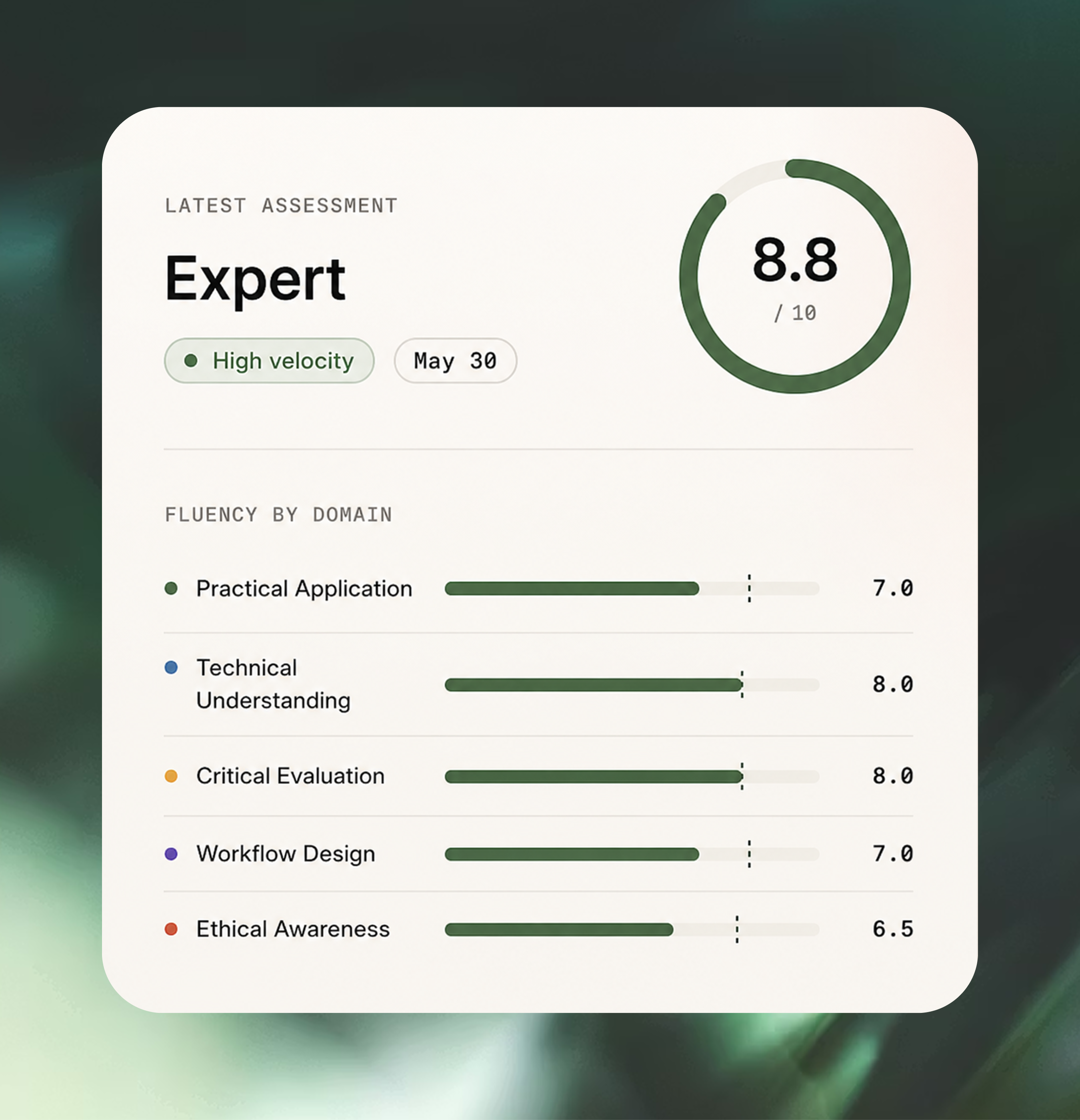 Aiko assessment card showing an Expert fluency score of 8.8
